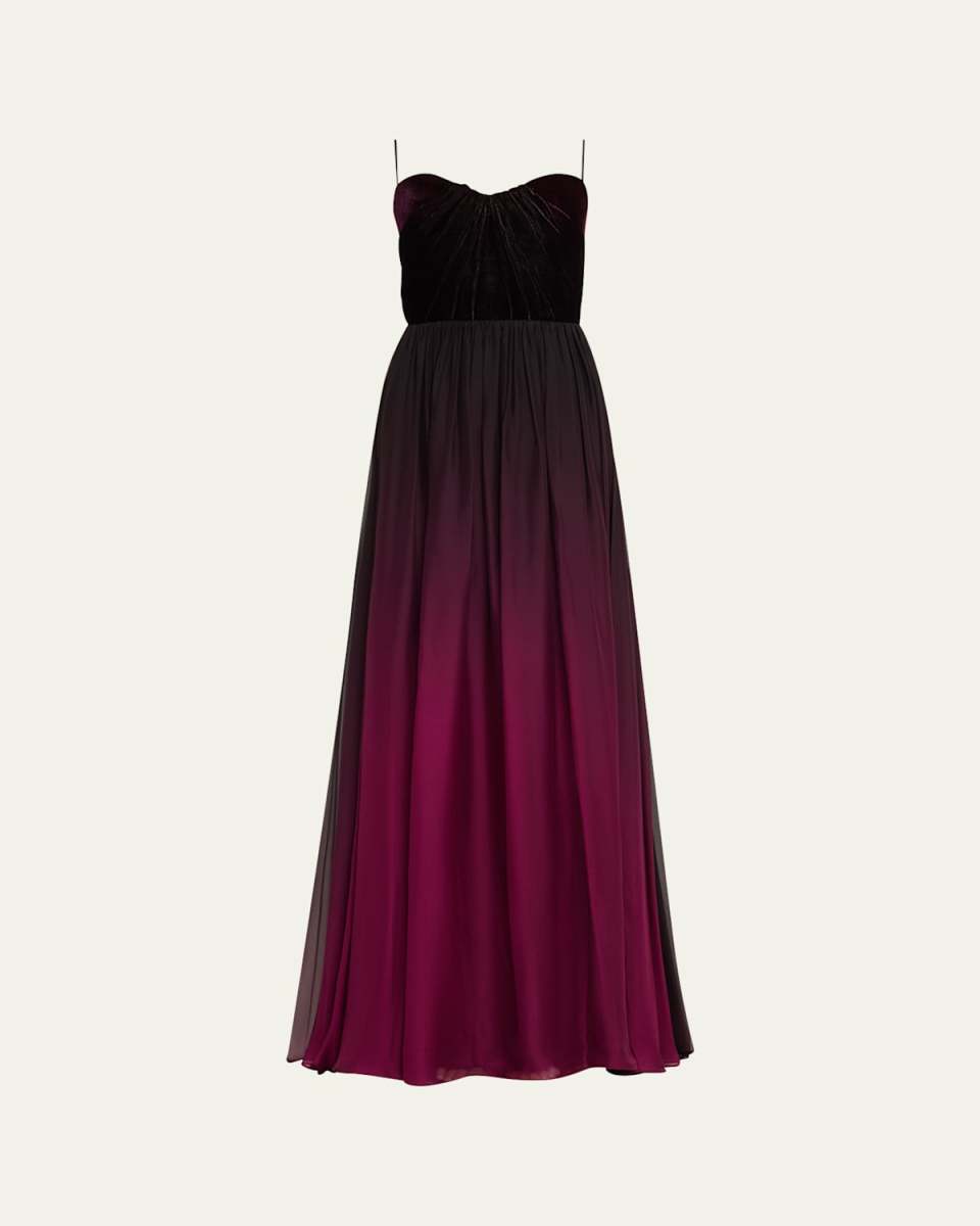 Long Velvet Ombre Strapless Gown with Neck Scarf